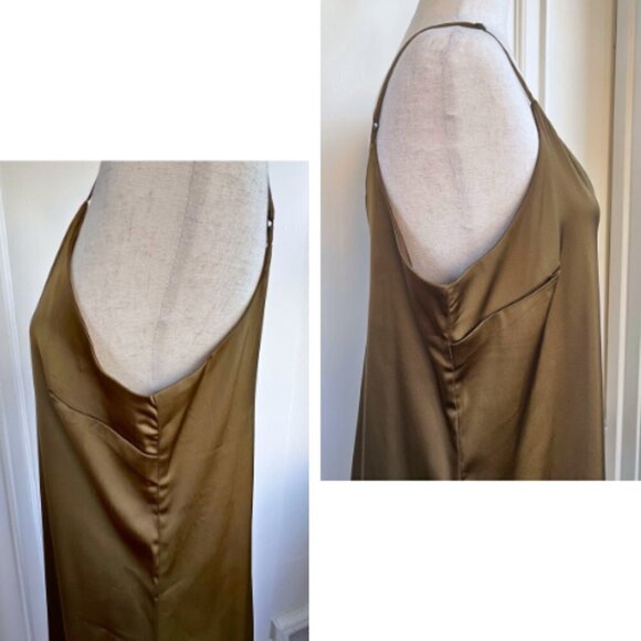 THE DROP Dark Olive Ana Silky V-Neck Midi Slip Dress Size L - Picture 5 of 11